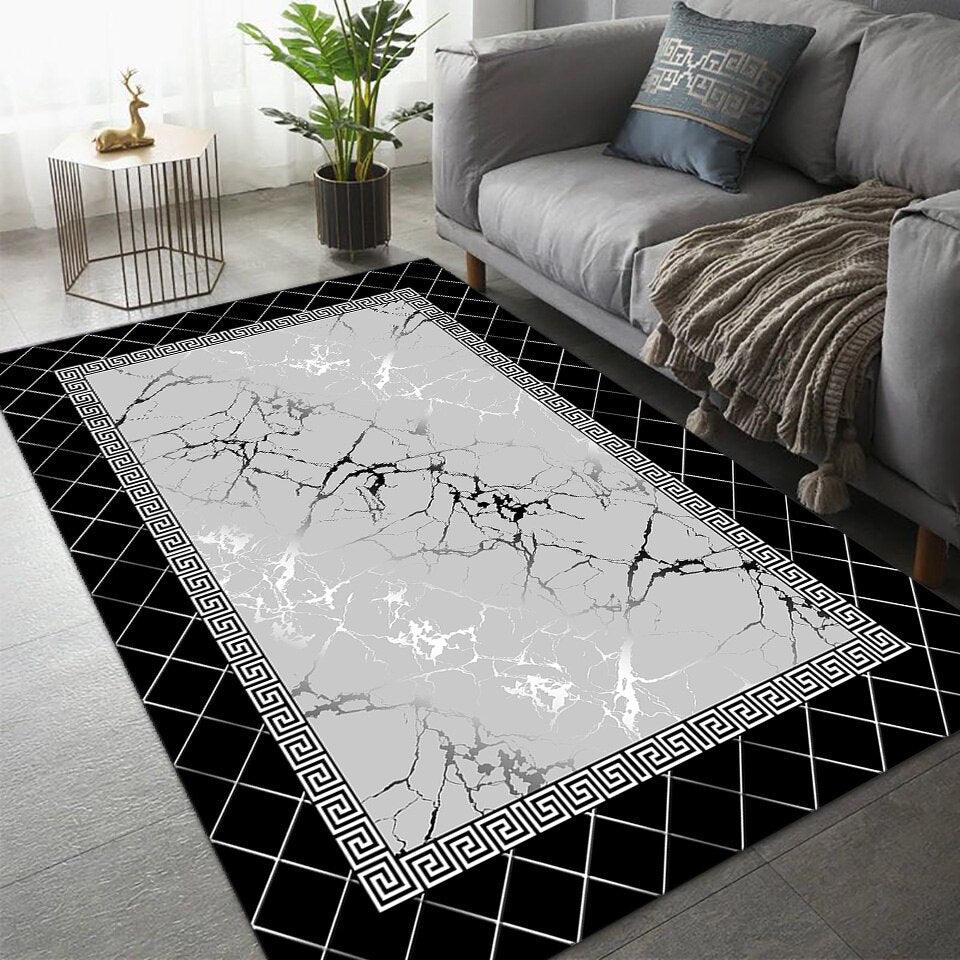 Tapis salon noir geometrique argent